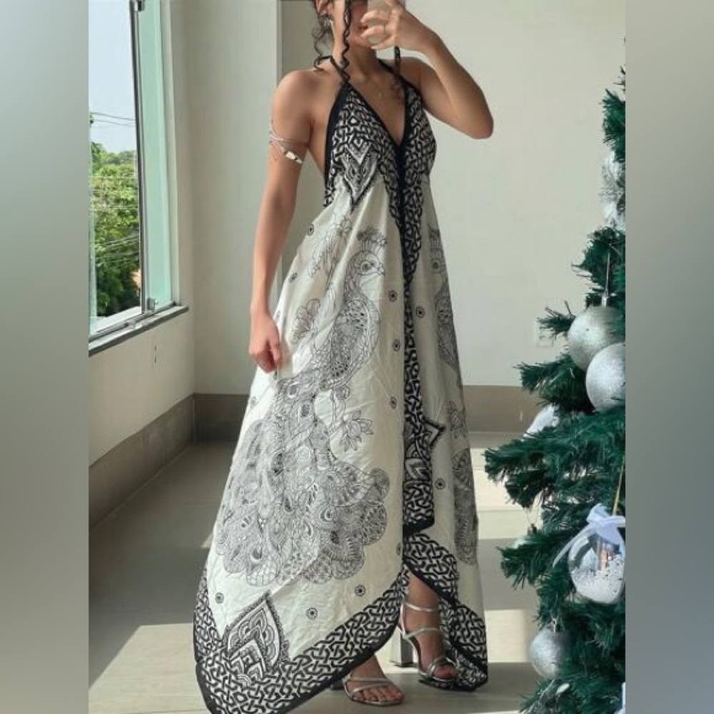 Boho Black & White Patterned Double Tie Halter Asymmetrical Hem Maxi Dress